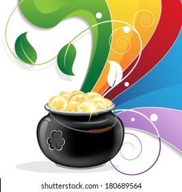 Rainbow and pot of gold on white background. St. Patrick's Day abstract symbol