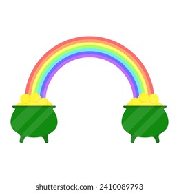 Rainbow with a pot of gold vector icon. Leprechaun treasure icon. A rainbow comes out of the pot. Vector illustration of mystical rainbow and treasures.
