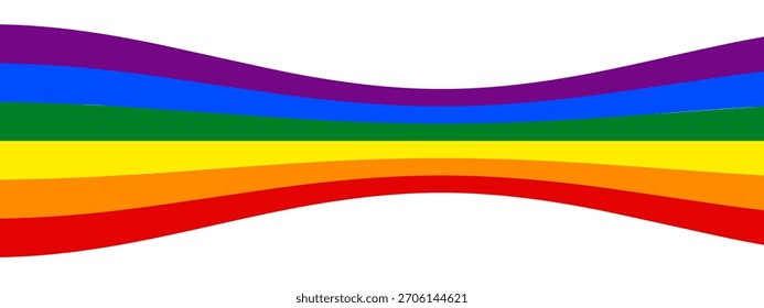 Rainbow pride flag background with flowing wavy stripes. Vector banner features curved LGBT ribbon lines in vibrant spectrum colors. Inclusive diversity poster template with abstract stripe motifs. 