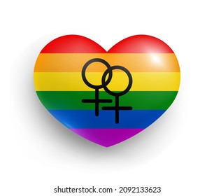 Rainbow pride flag of heart shape glossy badge. Lgbt social movement sign. Homosexual pride, freedom, love, peace, equality symbol realistic vector illustration
