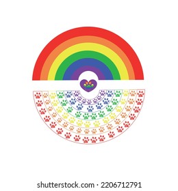 Rainbow pride flag heart shape with paw prints vector background