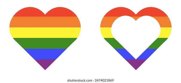 Bandera del Orgullo Arcoiris. Icono del corazón LGBT. Símbolos del logotipo de progreso. Conjunto de pegatinas en colores arcoíris. Marco del orgullo gay, fondo. Insignia, Botón. 