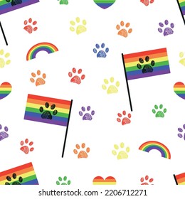 Rainbow pride flag lgbt rainbow with paw prints seamless fabric design pattern