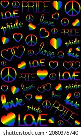 Rainbow pride flag with LGBT symbol and love word. Seamless background.