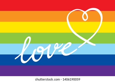 Rainbow pride flag with love hand lettering and a heart. Vector illustration.