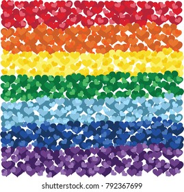 Rainbow pride flag made out of the hearts in different colors with white background. 