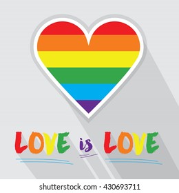 Rainbow pride flag pattern in shape of heart and LOVE is LOVE message with long shadow on gray background