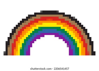 Rainbow Pride Flag Symbol With Black And Brown Stripes. Pixel Art Style. Vector Illustration