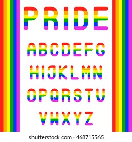 Rainbow Pride font. Latin decorative alphabet. Vector logo design template. 