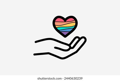 Rainbow pride heart in hand icon. Hands holding heart icon. LGBTQ Pride Month. Love icon