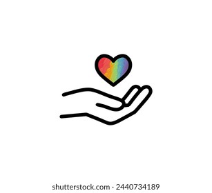 Rainbow pride heart in hand icon. Hands holding heart icon. LGBTQ Pride Month. Love icon