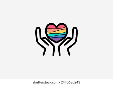 Rainbow pride heart in hands icon. Hands holding heart icon. LGBTQ Pride Month. Love icon