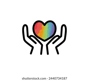 Icono del corazón del orgullo del arco iris en las manos. Manos sosteniendo el icono del corazón. Mes del orgullo LGBTQ. Icono de Amor