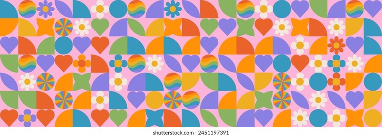 Rainbow Pride Month Block Frame background Template. Rounded tiles seamless pattern for lgbt parade. vector flat illustration.