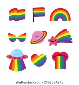 Rainbow Pride Month Sticker Icons Set. Colorful Vector Illustration.