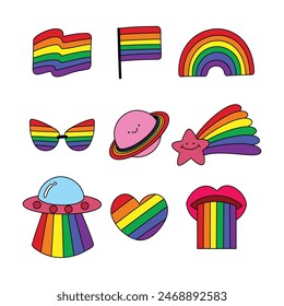 Regenbogen Pride Month Aufkleber Icons Set. Konturierte bunte Vektorillustration.