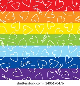 Rainbow pride seamless pattern with love hand lettering and hearts. Vector background.