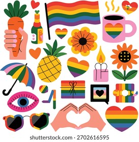 Rainbow pride symbols and objects on white background with hands forming heart rainbow flag lgbt
