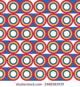 Rainbow Primary Color Abstract Geometry Endless Pattern. Fun Colorful Round Circle Ring Shape Pattern. Retro Styled Background. For Banner, Greeting cards, Wallpaper, Party Backdrop, Gift Wrap, etc