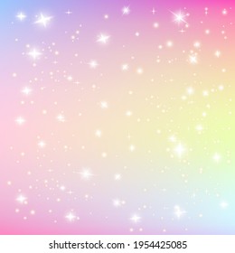 Rainbow princess background, soft pink backdrop with shining stars. Fantasy unicorn sky pearlescent backdrop. Cute unusual holographic wallpaper.