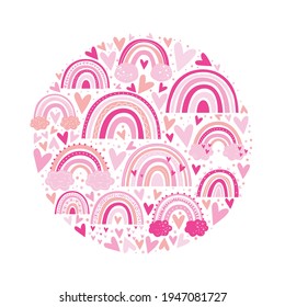 Rainbow  print concept design, rainbows in pastel pink color, flat vector illustrations.