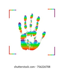 Rainbow print of hand of human, cute skin texture pattern,vector grunge illustration. Scanning the fingers, palm on white background. Fingerprint Rainbow gay and lesbian equality symbol LGBT.
