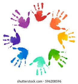 Rainbow prints of children hands in the circle. Vector frame for postcards and your design