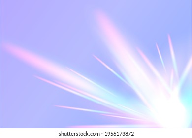 Rainbow Prism Flare Lens Realistic Effect At Violet Background. Vector Illustration Of Light Refraction Texture Overlay Glare At Wall For Photo And Mockups. Transparent Holographic Streaks Background.