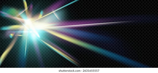 Rainbow prism light with crystal flare and iridescent glow. Abstract glass reflection with diamond sparkle and soft blur. Isolated vector design perfect for hologram or fantasy effects.