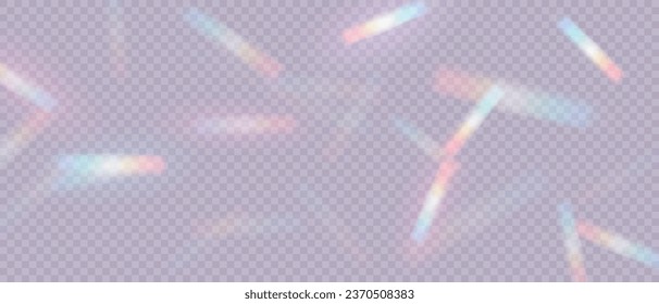 Efecto luminoso del prisma arcoiris. La Sombra de Fuga Crystal Flare se superpone sobre un fondo transparente. Luces ópticas de arco iris, resplandor, filtración, superposición de rayas. Lentes vectoriales coloridas vectoras y bengalas luminosas.