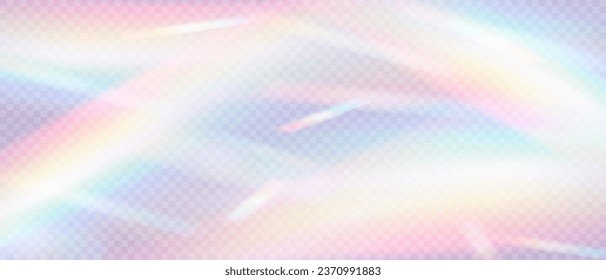  Efecto luminoso del prisma arcoiris. La Sombra de Fuga Crystal Flare se superpone sobre un fondo transparente. Luces ópticas de arco iris, resplandor, filtración, superposición de rayas. Lentes vectoriales coloridas vectoras y bengalas luminosas.