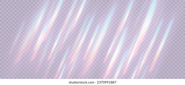  Rainbow Prism Light Effect. Crystal Flare Leak Shadow Overlay auf transparentem Hintergrund. Optische Regenbogenlampen, Brille, Leck, Streak Overlay. Vektorfarbige Vektorlinsen und helle Aktöne.