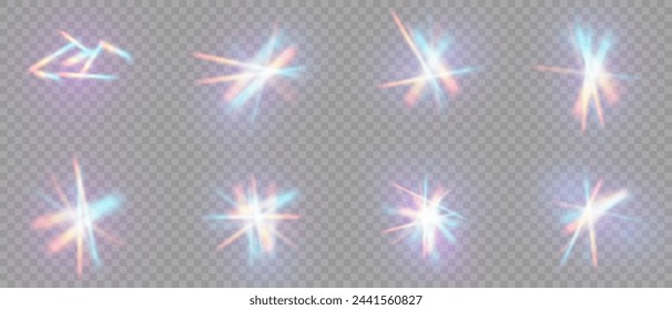 Efecto de luz de prisma de arco iris. Cristal Flare Leak Shadow Overlay sobre fondo transparente. Luces ópticas del arco iris, resplandor, fuga, superposición de rayas. Lentes vectoriales coloridas vectoriales y destellos de luz.