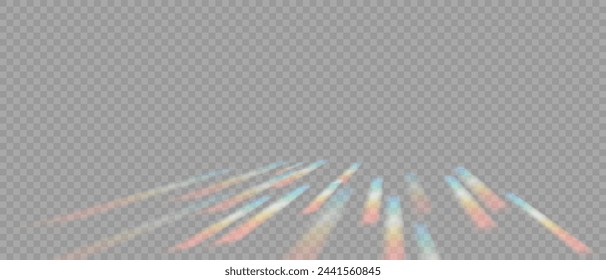 Rainbow Prism Light Effect. Crystal Flare Leak Shadow Overlay on transparent Backdrop. Optical rainbow lights, glare, leak, streak overlay. Vector colorful vector lenses and light flares.