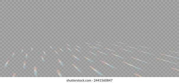 Efecto de luz de prisma de arco iris. Cristal Flare Leak Shadow Overlay sobre fondo transparente. Luces ópticas del arco iris, resplandor, fuga, superposición de rayas. Lentes vectoriales coloridas vectoriales y destellos de luz.