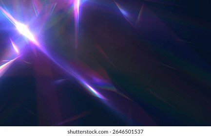 Arco-íris e refração prismática de reflexões de luz brilhante. Reflexões holográficas sobre um fundo escuro.