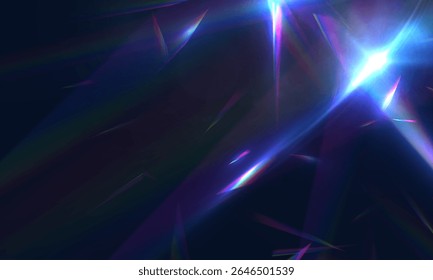 Refracción arcoíris y prismática de reflejos de luz brillante. Reflexiones holográficas sobre un fondo oscuro.