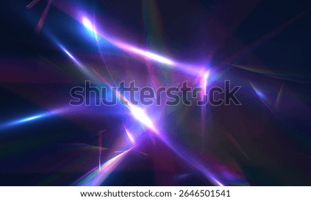 Rainbow and prismatic refraction of bright light reflections. Holographic reflections on a dark background.