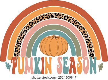 Rainbow Pumpkin Season text, calligraphy script text. Vector illustration. Design for print on shirt, poster, banner. on white background. Lovely print for tee shirt