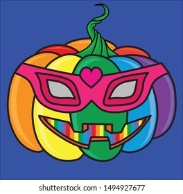 rainbow pumpkin wearing pink mask for Halloween pride