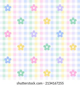 Rainbow Purple Blue Green Yellow Orange Pink Cute Daisy Flower Colorful Plaid Gingham Pattern Background Vector Cartoon Illustration Tablecloth, Picnic mat wrap paper, Mat, Fabric, Textile, Scarf.