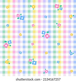 Rainbow Purple Blue Green Yellow Orange Pink Cute Daisy Flower Colorful Plaid Gingham Pattern Background Vector Cartoon Illustration Tablecloth, Picnic mat wrap paper, Mat, Fabric, Textile, Scarf.