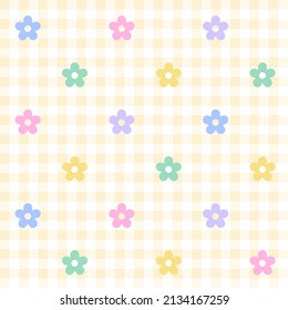 Arcoiris Morado Azul Verde Amarillo Naranja Rosa Cute Daisy Flor Colorida Placa Gingham Patrón Fondo Vector Dibujo Tablero Ilustración, Papel de envolvimiento de alfombras picnicas, Mat, Tejido, Tejido, Escarf.