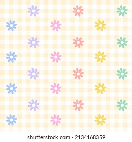 Rainbow Purple Blue Green Yellow Orange Pink Cute Daisy Flower Colorful Plaid Gingham Pattern Background Vector Cartoon Illustration Tablecloth, Picnic mat wrap paper, Mat, Fabric, Textile, Scarf.