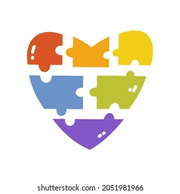 Rainbow puzzles in the shape of a heart. Vector illustration of an isolated heart on a white background. A simple flat icon. Happy pride month.