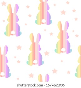 Rainbow rabbit silhouette on white background. Cute kids pattern with bunny and stars.