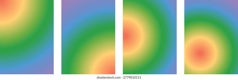 Rainbow radial gradient background set vector design. Vibrant multicolor circular glow blend vertical poster collection. Modern colorful aura mesh backdrop for digital print use.
