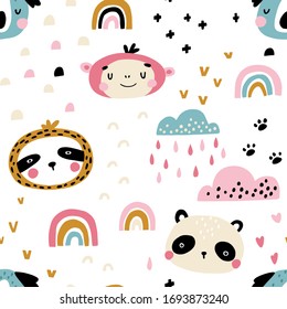 Rainbow rain Africa. Seamless pattern with cute animals faces. Childish print for nursery in a Scandinavian style. For baby clothes, interior, packaging. Vector cartoon illustration in pastel colors.