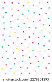 Fondo transparente de vectores carnavales de lluvia arcoiris. La textura de las estrellas de la celebración. Patrón de salpicaduras de Navidad. El diseño superior de la constelación está cayendo.