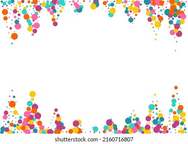 Fondo blanco del vector del carnaval de la lluvia arcoiris. Fondo de escritorio de polvo de efecto. Textura de círculo abstracta. Tarjeta de Independencia de Confetti Color.
